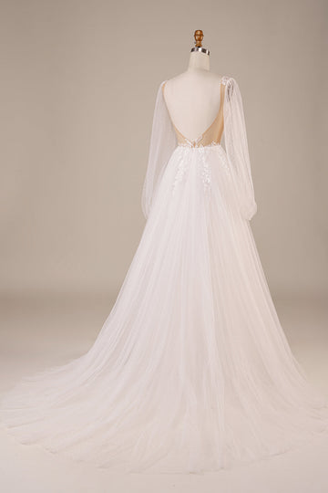 Mangas largas Vestido de novia de marfil de espalda abierta con apliques